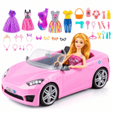 76-Piece Doll and Pink Convertible Car Playset with 11.5" Fashion Doll, Clothes and Accessories