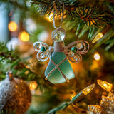 Handmade Sea Glass Angel Christmas Ornament with Silver Wire Wings and Rope Hanger