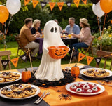 13.7" Halloween Ghost Figurine with Pumpkin Candy Bowl, Resin Treat Holder Decor