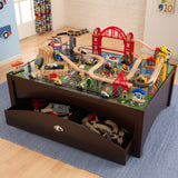 KidKraft Metropolis Wooden Train Set & Table – Elevated Track, Magnetic Train & Storage Drawer, Espresso