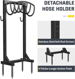 Garden Metal Hose Holder with 4 Ground Spikes & 2 Tool Hooks – Heavy Duty Freestanding Hose Stand for Up to 150 ft. Hose