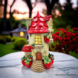 Solar Strawberry Fairy Cottage Garden Statue, 10" Hand-Painted Resin Fairy House