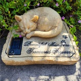 Solar Cat Memorial Garden Stone with Sleeping Cat Statue, 8" Resin Pet Grave Marker, Auto-Glow Sympathy Memorial