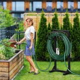 Garden Metal Hose Holder with 4 Ground Spikes & 2 Tool Hooks – Heavy Duty Freestanding Hose Stand for Up to 150 ft. Hose