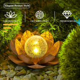 2 Pack Solar Lotus Garden Light – Rusted Bronze Metal Flower with Cracked Glass LED Globe