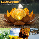 2 Pack Solar Lotus Garden Light – Rusted Bronze Metal Flower with Cracked Glass LED Globe