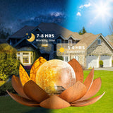 2 Pack Solar Lotus Garden Light – Rusted Bronze Metal Flower with Cracked Glass LED Globe