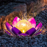 2 Pack Solar Lotus Garden Light – Rusted Bronze Metal Flower with Cracked Glass LED Globe