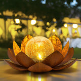 2 Pack Solar Lotus Garden Light – Rusted Bronze Metal Flower with Cracked Glass LED Globe
