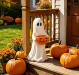 13.7" Halloween Ghost Figurine with Pumpkin Candy Bowl, Resin Treat Holder Decor