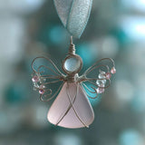Handmade Sea Glass Angel Christmas Ornament with Silver Wire Wings and Rope Hanger