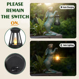 Solar Rabbit Garden Statue with Lantern, Bronze Resin Bunny Outdoor Décor