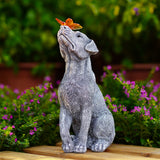 Solar Dog Garden Statue with Butterfly, Outdoor Resin Dog Figurine with Warm LED Light