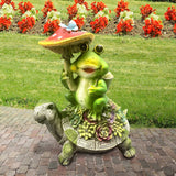 Solar Turtle & Frog Garden Statue, 9.4" Resin Outdoor Sculpture with Warm LED Mushroom Light