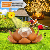2 Pack Solar Lotus Garden Light – Rusted Bronze Metal Flower with Cracked Glass LED Globe
