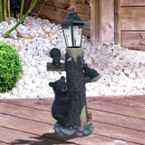 19" Solar Bear Family Welcome Garden Statue, Resin Bear Tree Sculpture with LED Lights