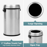 Stainless Steel Swing-Top Trash Can, 17 Gallon / 65 L Round Waste Bin with Side Handles