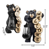 Solar Welcome Bear Garden Statue with Lantern, 11.4" Black Resin Bear Outdoor Welcome Sign