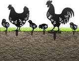 6-Pc Metal Chicken Yard Art Garden Stakes, Black Rooster, Hen & Chicks Silhouette Set