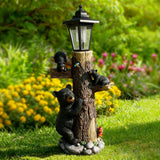 19" Solar Bear Family Welcome Garden Statue, Resin Bear Tree Sculpture with LED Lights