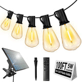 DAYBETTER 100 ft Solar Outdoor String Lights with 50 ST38 Shatterproof LED Bulbs, USB & Solar Powered Patio Lights