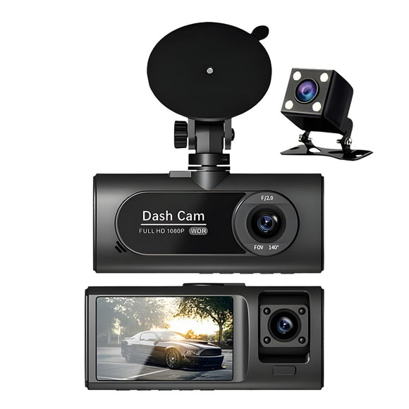 1080P 3 Channel DashCam, Front Inside Rear Triple Cam with 32GB Card