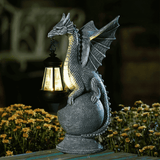 11.81" Solar Dragon on Crystal Ball Statue, Resin Garden Figurine with LED Lantern