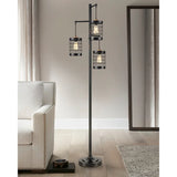 Bridgeport Designs Franklin 3-Light Industrial Floor Lamp – Black Iron Finish with Brass Cage Shades and Vintage LED Edison Bulbs