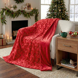 Holiday Embroidered Faux Fur Throw Blanket, 60" x 70" Snowflake Candy Cane Tree