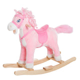 Qaba Pink Plush Rocking Horse with Realistic Sounds & Swinging Tail, Ages 3+