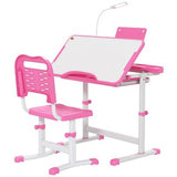 Qaba Kids Adjustable Study Desk & Chair Set with USB LED Lamp, Tilting Desktop & Storage Drawer