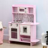 Qaba Pink Pretend Play Kitchen with Stove Lights, Sounds, Storage & Cooking Accessories
