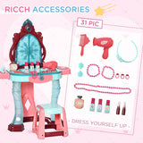 Qaba Kids Vanity Set with Light-Up Mirror, Music, Stool & Pretend Beauty Accessories