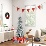 Costway 4 FT/5FT/6FT Pre-Lit Slim Christmas Tree Flocked Xmas Decoration 11 Modes 100 LED Lights