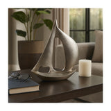 Silver Metal Sailboat Sculpture, 13.25" Abstract Nautical Tabletop Décor