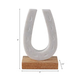 8" Marble Horseshoe Sculpture on Wood Base, White & Brown, Tabletop Décor