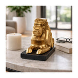 Gold Metal Lion Sculpture with Black Marble Base, 12" Long, Geometric Tabletop Décor
