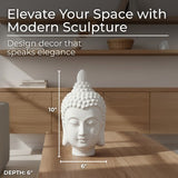 10" White Buddha Head Ceramic Sculpture, Glossy Stoneware Tabletop Figurine