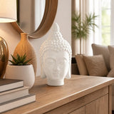 10" White Buddha Head Ceramic Sculpture, Glossy Stoneware Tabletop Figurine