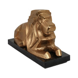 Gold Metal Lion Sculpture with Black Marble Base, 12" Long, Geometric Tabletop Décor