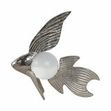 Silver Metal Fish Sculpture with Pearl-Like Accent, 9" Coastal Tabletop Décor