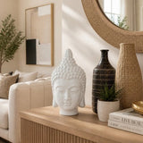 10" White Buddha Head Ceramic Sculpture, Glossy Stoneware Tabletop Figurine