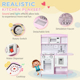 Qaba Pink Pretend Play Kitchen with Stove Lights, Sounds, Storage & Cooking Accessories