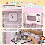 Qaba Pink Pretend Play Kitchen with Stove Lights, Sounds, Storage & Cooking Accessories