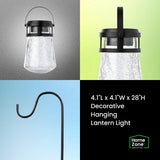 Home Zone Living Secure Solar Hanging Lantern Lights, 4-Pack with Shepherd Hooks, 28", Crackle Glass