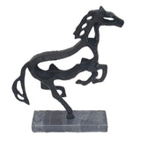 14" Metal Black Galloping Horse Sculpture on Marble Base, Tabletop Décor
