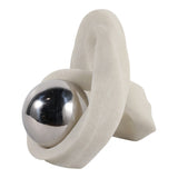 White & Silver Resin Knot Sculpture with Stainless Steel Sphere, 10" Tall Tabletop Décor