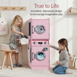 Best Choice Products Kids Wooden Stacked Washer & Dryer Playset with Toy Iron, Laundry Bag & Storage
