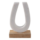 8" Marble Horseshoe Sculpture on Wood Base, White & Brown, Tabletop Décor