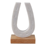 8" Marble Horseshoe Sculpture on Wood Base, White & Brown, Tabletop Décor